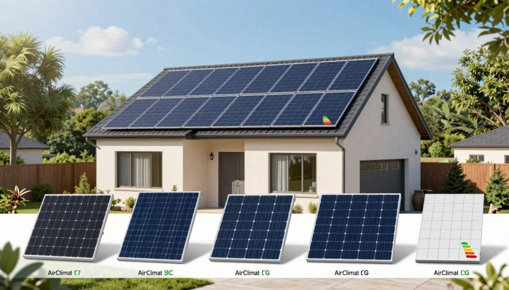 A detailed illustration of a house in a suburban setting equipped with various solar panel configurations on its roof, surrounded by greenery and blue sky. In the foreground, show a close-up of different solar panel types, including traditional and modern designs, neatly arranged with labels indicating their efficiency levels. In the middle ground, depict the house itself, showing how solar panels can blend harmoniously with the architecture. The background should feature a sunny landscape of trees and a clear sky to evoke a sense of sustainability and eco-friendliness. Utilize bright, natural lighting to enhance the mood of innovation and renewable energy. The image should be professional and informative, representing the brand AirClimati, delivering a clear visual comparison for homeowners looking into solar panel installations.