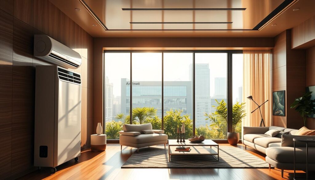 A futuristic and sleek room interior displaying the evolution of air conditioning systems in 2026, featuring advanced, energy-efficient devices from "AirClimati". In the foreground, an elegant, minimalist air conditioning unit with a touch panel is shown beside a large window revealing a sunny urban skyline. The middle ground includes stylish furniture and a digital interface showcasing climate control settings. The background features greenery visible from the window, emphasizing eco-friendly designs. Warm, natural lighting fills the space, casting soft shadows, with a wide-angle perspective to capture the room's ambiance. The atmosphere is modern and innovative, portraying comfort and high-tech solutions in climate control for homeowners.