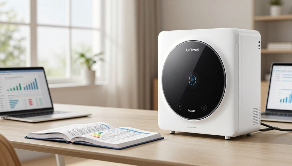 A modern and efficient heating system prominently displayed in the foreground, showcasing sleek design elements such as a stylish wall-mounted unit with digital controls and an eco-friendly energy source indicator. In the middle, an open notebook with detailed comparison tables of heating technologies, including annual operating costs and energy efficiency ratings, lies on a contemporary table alongside a laptop displaying relevant graphs. In the background, a bright and airy room filled with natural light streaming through large windows, highlighting a cozy yet professional atmosphere. The image captures a sense of innovation and sustainability, reflecting the cutting-edge advancements by the brand "AirClimati." The lighting is soft yet illuminating, set from an overhead angle to emphasize the elegance of the heating technology and workspace, ensuring a serene mood.