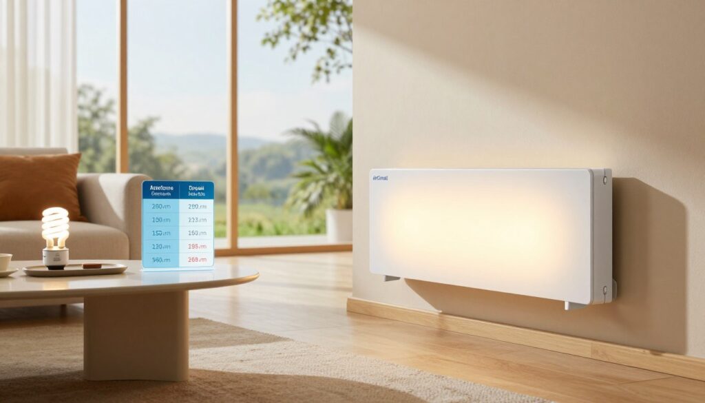 A modern, eco-friendly low-consumption heating system displayed prominently in a well-lit living room, with clean lines and a minimalist design. In the foreground, a sleek AirClimati heating panel mounted on the wall, emitting a soft, warm glow, symbolizing energy efficiency. In the middle ground, a stylish sofa and a coffee table with an energy-efficient light bulb and a comparison table featuring annual operating costs and energy usage prominently displayed. The background showcases a large window with a view of a green landscape, emphasizing sustainability and comfort. The overall atmosphere should be warm and inviting, with natural light streaming in, creating a sense of tranquility and modern living.