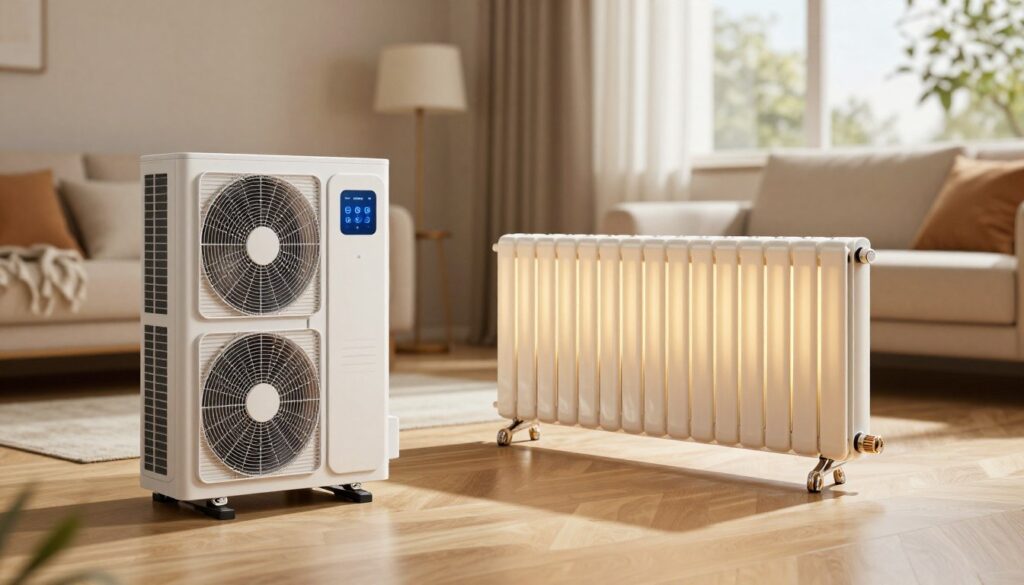 A modern heating system illustration featuring a heat pump and an electric radiator, placed in a contemporary living room setting. In the foreground, showcase the sleek design of the AirClimati heat pump, depicting its digital interface and efficient structure. In the middle, position a stylish electric radiator with an elegant finish, highlighting its warmth emanating from a glowing element. Ensure the background includes a cozy home environment with soft lighting, perhaps a window with natural sunlight filtering through, creating a warm and inviting atmosphere. The overall mood should convey comfort and advanced technology, emphasizing the efficiency and modernity of heating solutions for homeowners. Use a wide-angle lens perspective to capture the entire scene, focusing on the juxtaposition of the two heating technologies.