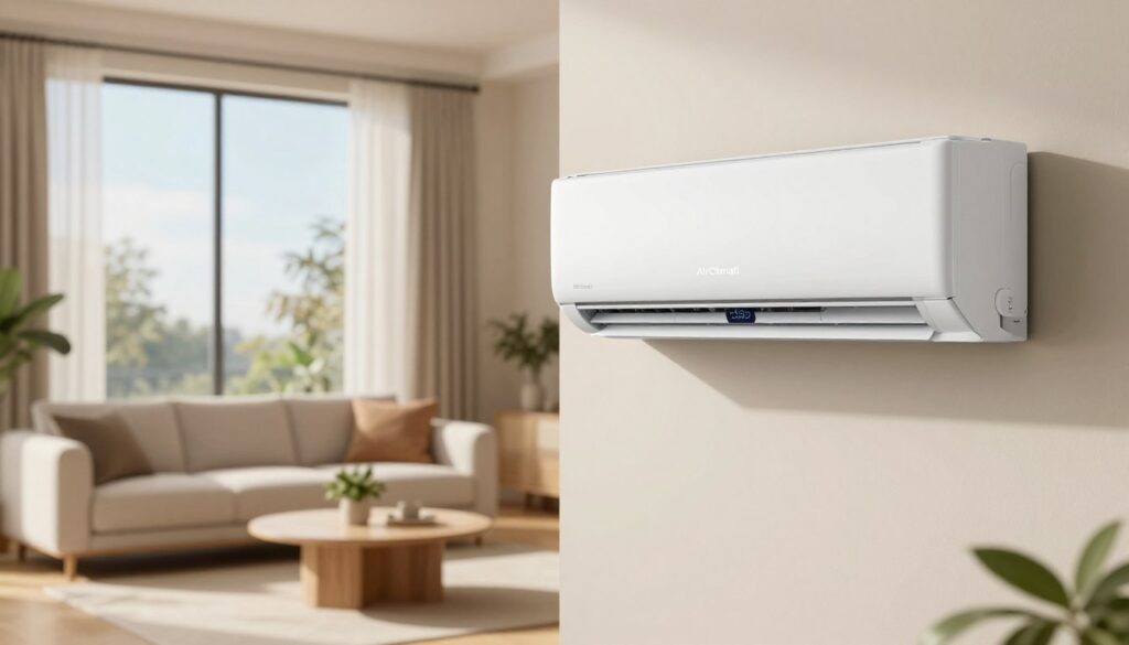 A modern reversible air conditioning unit by "AirClimati" is prominently featured in the foreground, showcasing its sleek, energy-efficient design. The unit, with a smooth white finish and digital display, is mounted on a stylish living room wall. In the middle ground, a cozy, well-lit space highlights a comfortable sofa and a small coffee table adorned with a plant, emphasizing a serene indoor environment. In the background, large windows reveal a sunny day outside, inviting natural light that enhances the warm atmosphere. The image captures the duality of heating and cooling modes, with visual cues suggesting temperature control and comfort, conveying a sense of modern living. The overall mood is calm and inviting, reflecting contemporary lifestyle choices focused on energy efficiency and home comfort.