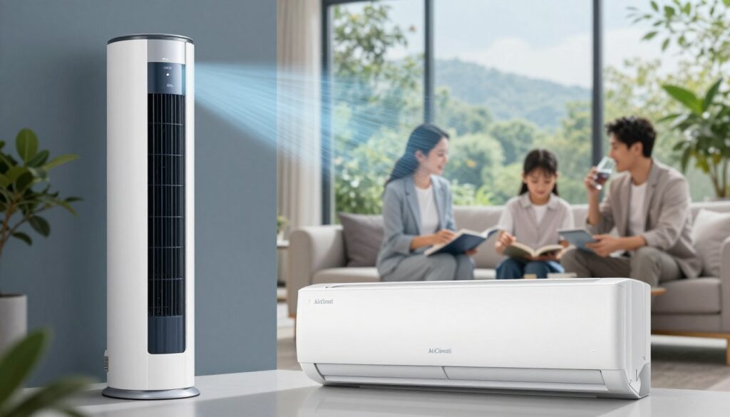 A modern, sophisticated indoor setting showcasing the importance of air quality and filtration in air conditioning. In the foreground, a stylish air conditioning unit with the brand name "AirClimati" prominently displayed, featuring a clean design. In the middle ground, a family enjoys fresh air while studying, dressed in professional business attire, emphasizing a healthy living environment. The background features large windows allowing daylight to filter in, revealing a lush outdoor landscape, symbolizing the connection between clean air and nature. Soft natural lighting creates a calm atmosphere, and reflections in the glass accentuate the clarity of the air. Focus on capturing the purity of the environment, with subtle hints of green plants to represent filtration and freshness.