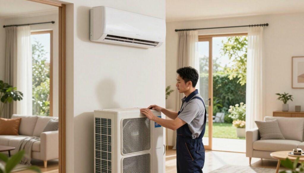 A professional technician conducting maintenance on a modern reversible air conditioning unit, branded "AirClimati," in a well-lit, contemporary living room. The technician, dressed in neat, modest work attire, is inspecting the indoor unit's air filters and controls. The room showcases elegant furnishings, large windows allowing sunlight to stream in, and indoor plants adding a touch of freshness. In the background, a partially open window reveals a sunny outdoor garden scene, enhancing the mood of a comfortable home environment. The image should convey professionalism and convey the importance of maintenance for energy efficiency. The composition is shot at eye level with soft natural lighting, highlighting the technician's focused expression while working on the air conditioner.