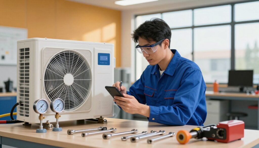A professional technician in a modern workshop, wearing a blue shirt and safety goggles, is diligently performing maintenance on an air-water heat pump. In the foreground, tools like wrenches and gauges are neatly organized on a workbench, showcasing a clean and efficient workspace. The middle ground features the heat pump itself, detailed with visible components such as pipes and a digital thermostatic display, indicating it's in the midst of a routine check. In the background, warm ambient lighting highlights the technician's focused expression, while a large window reveals a clear, sunny day outside, creating a positive and inviting atmosphere. The image is framed with a slight depth of field to emphasize the technician and the heat pump, ensuring clarity and professionalism.