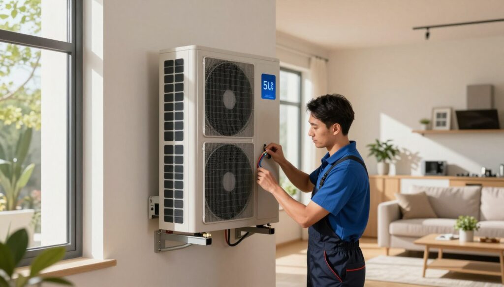 A professional technician in smart business attire installs an air-water heat pump in a modern French home. In the foreground, the technician is focused on connecting pipes and wires, illuminated by soft, natural sunlight streaming through a nearby window, which casts gentle shadows. The middle of the scene showcases the sleek heat pump unit—a combination of metallic and black panels—mounted neatly on an interior wall with visible, organized piping. The background features a cozy living area with minimalistic decor, emphasizing energy efficiency and modernity, including green plants and energy-saving appliances. The atmosphere is one of professionalism, innovation, and warmth, reflecting a focus on cost-effective and sustainable home heating solutions for 2026.