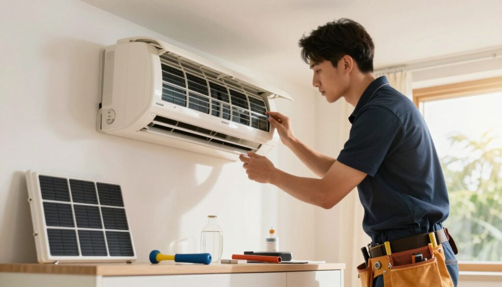 A professional technician performing efficient air conditioner maintenance in a well-lit, modern home environment. In the foreground, the technician, dressed in smart casual attire with a tool belt, is carefully inspecting an indoor air conditioning unit, seemingly focused and engaged in the task. The middle layer features a clean and organized workspace with air filters and maintenance tools laid out neatly. In the background, a sunlit window reveals a hint of greenery outside, suggesting a fresh and inviting atmosphere. The lighting is soft and warm, enhancing the sense of professionalism and care in the air conditioner maintenance process. Include the brand name "AirClimati" subtly in the scene, ensuring it blends naturally into the environment without being overt.