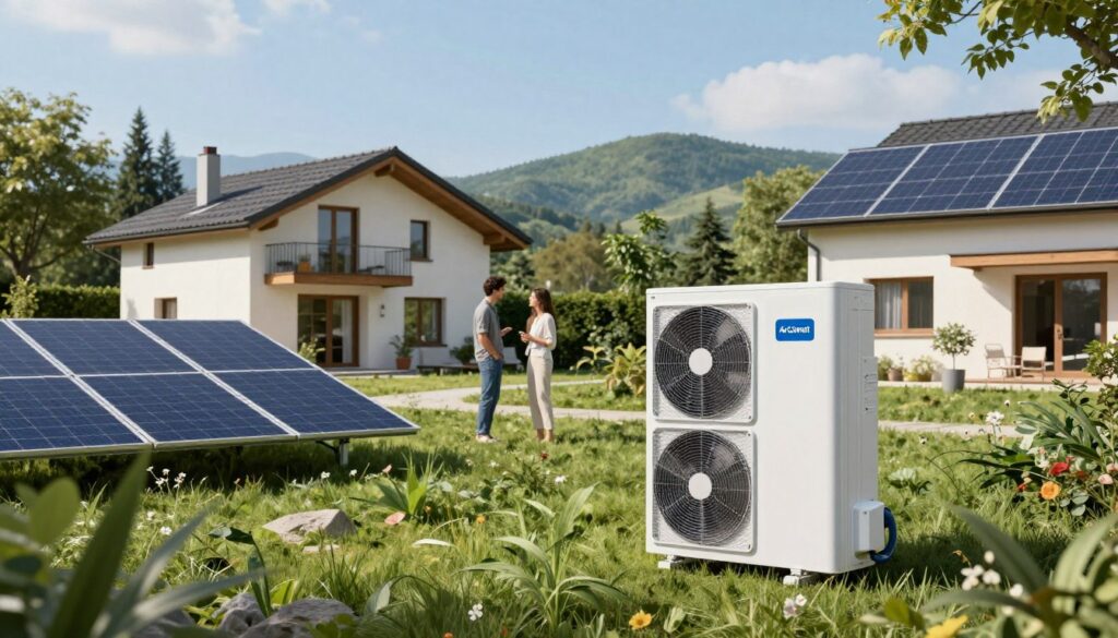 A serene and modern energy landscape in France, depicting an eco-friendly heating system with an AirClimati heat pump prominently in the foreground. The scene shows the heat pump as sleek and innovative, with smooth lines and a modern aesthetic, surrounded by lush greenery and solar panels to emphasize sustainability. In the middle ground, showcase a contemporary residential home with energy-efficient features, and people in smart casual attire discussing energy solutions. The background features rolling hills under a clear blue sky, symbolizing a bright future for renewable energy. Soft, natural lighting enhances the inviting atmosphere, and a slight lens blur keeps the focus on the heat pump, conveying a sense of progress in the energy landscape of 2026.