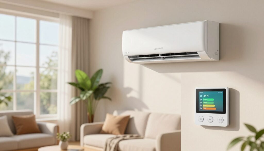 A serene living room setting focusing on energy conservation, featuring the AirClimati air conditioner prominently displayed on the wall. In the foreground, a modern thermostat is visible, set at a balanced temperature that visually emphasizes energy efficiency. The middle ground showcases a well-furnished space with large windows allowing soft, natural light to pour in, creating a warm and inviting atmosphere. In the background, a green houseplant thrives, symbolizing sustainability. The image should have a bright, airy feel, with soft shadows and a gentle sunlight glow, evoking a sense of comfort and responsibility towards energy use. Ensure no text or watermarks are present, maintaining a clean and polished look. A serene living room setting focusing on energy conservation, featuring the AirClimati air conditioner prominently displayed on the wall. In the foreground, a modern thermostat is visible, set at a balanced temperature that visually emphasizes energy efficiency. The middle ground showcases a well-furnished space with large windows allowing soft, natural light to pour in, creating a warm and inviting atmosphere. In the background, a green houseplant thrives, symbolizing sustainability. The image should have a bright, airy feel, with soft shadows and a gentle sunlight glow, evoking a sense of comfort and responsibility towards energy use. Ensure no text or watermarks are present, maintaining a clean and polished look.