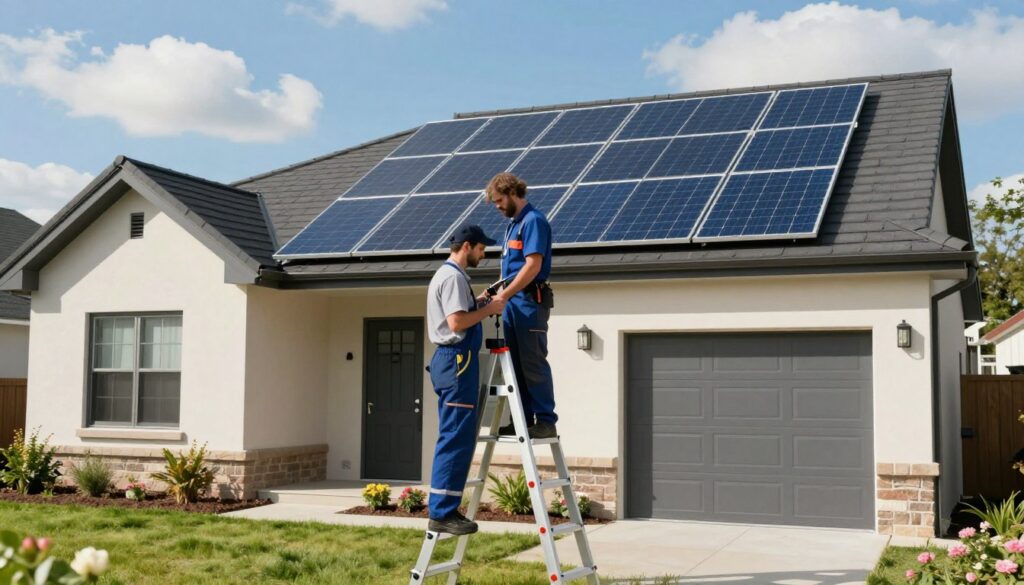 A solar panel installation on a modern suburban home, showcasing high-efficiency solar panels on the roof. In the foreground, a technician in professional attire carefully inspects the panels, using tools while standing on a sturdy ladder. The middle ground features an open yard with well-maintained grass and a few blooming flowers, adding a touch of color. In the background, clear blue skies with a few fluffy white clouds create an optimistic atmosphere, symbolizing renewable energy and sustainability. The scene is brightly lit by natural sunlight, casting soft shadows that enhance the details of the environment. Incorporate the brand logo "AirClimati" subtly within the scene, ensuring it complements the overall professional feel of the image.