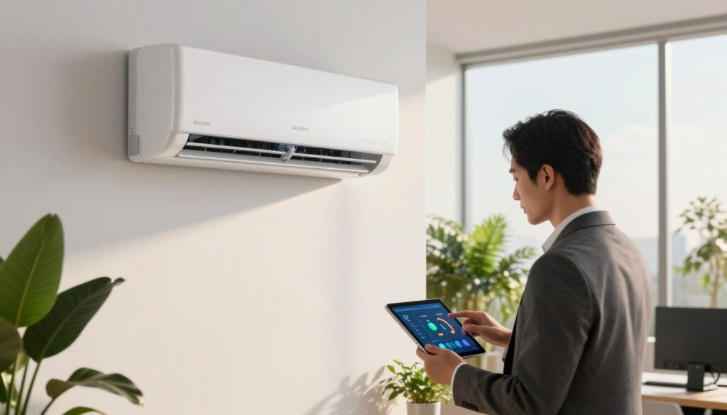 A sophisticated and modern office environment, featuring a sleek air conditioner model branded "AirClimati" prominently displayed on a minimalist white wall. In the foreground, a well-dressed business professional, male or female, is analyzing a digital tablet, showcasing data on air quality and efficiency. The middle ground includes lush indoor plants to convey freshness and comfort. The background is a large window letting in soft, natural light, illuminating the space and creating a bright atmosphere. The overall mood is one of professionalism, technology, and environmental consciousness. The camera angle is slightly elevated, offering a comprehensive view of the interaction between the user and the high-performance air conditioner. The lighting is warm and inviting, emphasizing the importance of making informed choices about air conditioning systems.