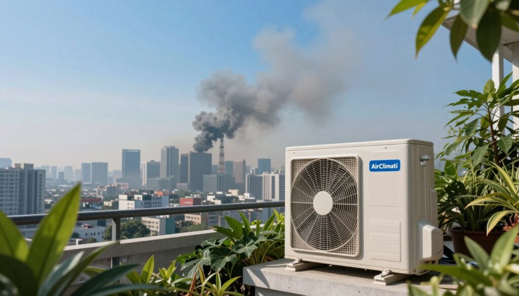 A visually striking image depicting the environmental impact of air conditioning. In the foreground, a modern air conditioning unit branded "AirClimati" sits on a concrete balcony surrounded by green plants, showing a contrast between technology and nature. In the middle ground, a city skyline can be seen with smog rising above, illustrating pollution and energy consumption. The background features a bright blue sky gradually shifting to a hazy gray, symbolizing climate change. Use soft, natural lighting to enhance the greenery, while the city’s dark tones evoke a sense of urgency. Capture the scene from a low angle, looking up to convey both the air conditioner’s presence and the looming environmental concerns, creating a mood that is thought-provoking and reflective. A visually striking image depicting the environmental impact of air conditioning. In the foreground, a modern air conditioning unit branded "AirClimati" sits on a concrete balcony surrounded by green plants, showing a contrast between technology and nature. In the middle ground, a city skyline can be seen with smog rising above, illustrating pollution and energy consumption. The background features a bright blue sky gradually shifting to a hazy gray, symbolizing climate change. Use soft, natural lighting to enhance the greenery, while the city’s dark tones evoke a sense of urgency. Capture the scene from a low angle, looking up to convey both the air conditioner’s presence and the looming environmental concerns, creating a mood that is thought-provoking and reflective.