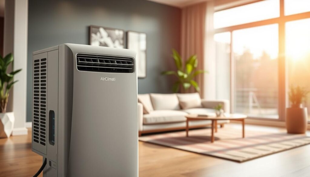 A modern "AirClimati" inverter air conditioning unit, prominently displayed in a stylish, contemporary living room. In the foreground, focus on the sleek design of the unit, showcasing its streamlined shape and digital control panel. In the middle ground, a cozy sofa and a potted plant add a touch of warmth, emphasizing a comfortable home environment. In the background, a large window allows soft, natural light to illuminate the room, creating a serene atmosphere. Capture the scene from a slightly angled perspective to convey depth and highlight the air conditioner's features. The overall mood should be inviting and relaxed, reflecting the advantages of energy efficiency and comfort in modern air conditioning technologies.
