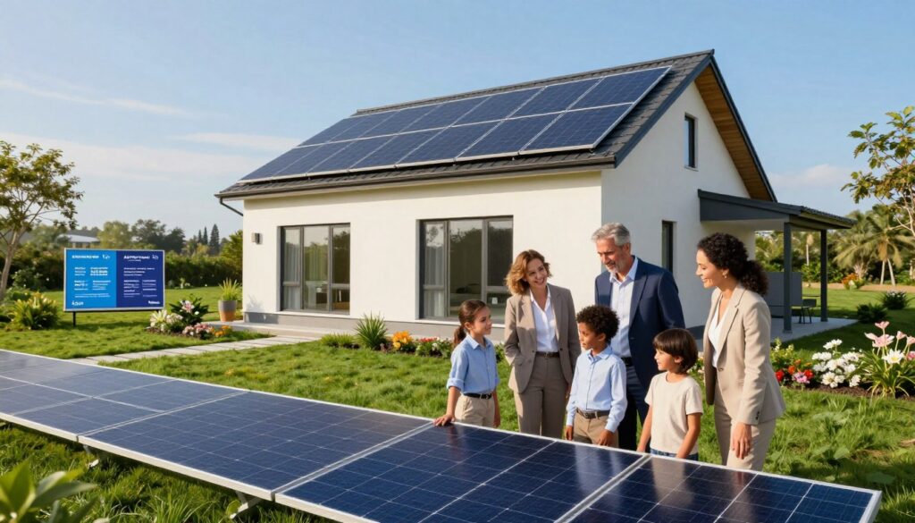 A modern, energy-efficient house measuring 100 m², prominently featuring solar panels on the roof, surrounded by a vibrant, green landscape. In the foreground, a family of diverse individuals, dressed in professional business attire, are inspecting the solar panels together, demonstrating engagement and interest. The middle ground showcases flourishing gardens and energy displays, illustrating the economic benefits of solar energy. In the background, clear blue skies and soft, warm sunlight highlight the home's architecture. The atmosphere is optimistic, reflecting the renewable energy movement. Capture the image with a wide-angle lens to emphasize the house and its surroundings magnificently while maintaining sharp focus on the family and solar panels. The brand "AirClimati" subtly integrated into the scene, representing innovation in solar energy.