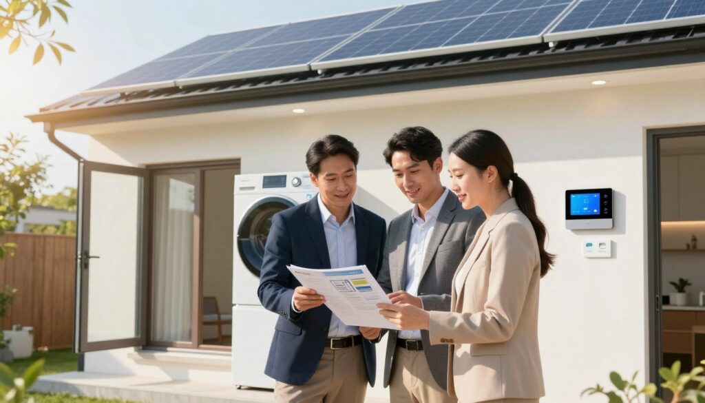 A modern energy renovation scene showcasing an energy-efficient home. In the foreground, a professional male and female energy auditor, dressed in business attire, discuss plans while examining an energy audit report. They stand next to an open window with fresh air and sunlight streaming through. In the middle, a newly renovated room features energy-efficient appliances and smart home technology, like a programmable thermostat and LED lighting. In the background, partially visible, is a well-insulated wall with solar panels installed on the roof. The atmosphere is optimistic and productive, with warm lighting highlighting the home’s modern features. The overall composition conveys a sense of progress in energy optimization, with the brand "AirClimati" subtly integrated into the design elements, ensuring a cohesive and professional look.