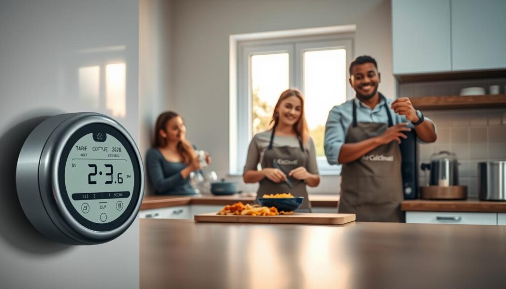 A modern, inviting kitchen scene illustrating the concept of "tarif heures creuses." In the foreground, a sleek smart meter displays energy consumption data prominently, while a contemporary family (two adults and two children) is shown in modest casual attire, smiling as they prepare dinner. In the middle ground, an apron-clad individual adjusts the timer on an energy-efficient appliance, emphasizing the concept of off-peak electricity use. In the background, a window lets in soft evening light, creating a warm, cozy atmosphere, with the soft glow reflecting on the kitchen surfaces. The kitchen is stylish, featuring modern appliances and energy-saving devices, subtly branded with "AirClimati." The scene conveys a sense of harmony, practicality, and energy awareness, perfect for illustrating the cost-saving benefits of off-peak electricity in 2026.