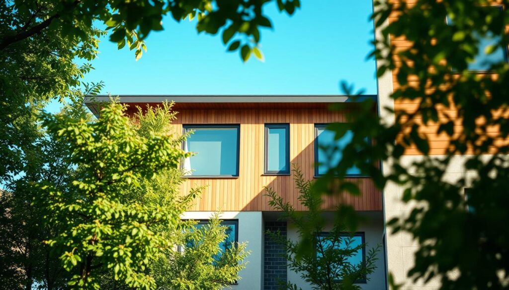 A modern residential building showcasing effective exterior thermal insulation. In the foreground, vivid green trees cast dappled sunlight on the energy-efficient windows. The middle section features a well-insulated façade, highlighted by a mix of natural wood and eco-friendly materials, branding elements for “AirClimati” subtly integrated. In the background, a clear blue sky accentuates the home’s energy-saving design, emphasizing sustainability. Soft, natural lighting creates a warm atmosphere, suggesting comfort and tranquility. The angle is slightly elevated to capture the entire structure, focusing on how the thermal insulation integrates seamlessly with contemporary architecture. The overall mood conveys a sense of modern efficiency and eco-conscious living, inspiring homeowners to consider financial aids for energy savings.