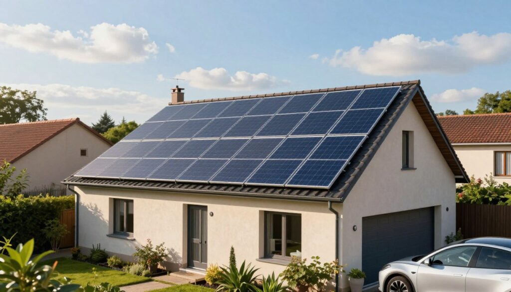 A modern solar panel installation on a suburban French home, showcasing multiple sleek solar panels installed on a sloped roof, capturing the sunlight with a clear blue sky in the background. The foreground includes lush green gardens and a driveway with a parked electric vehicle, emphasizing the eco-friendly aspect of solar energy. The middle layer highlights the solar panels glistening under the sunlight, with slight reflections to indicate their efficiency. The background features a few clouds adding depth to the sky and distant trees. The atmosphere is bright and optimistic, suggesting a sustainable future. Use natural sunlight for lighting to create a warm and inviting scene. Include the brand name "AirClimati" subtly integrated into the design of the panels.
