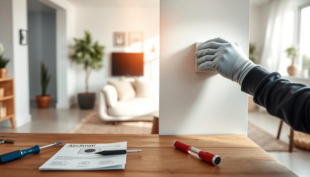 A modern, stylish home interior showcasing a professional installation of the "AirClimati" smart thermostat on a pristine white wall in a well-lit living room. In the foreground, tools like a screwdriver and instruction manual are neatly arranged on a wooden table. In the middle, a close-up scene of hands, wearing light blue work gloves, carefully attaching the thermostat, with wires and connections visible for context. The background features a cozy sofa and soothing decorative elements, bathed in natural light from a nearby window, creating a warm, inviting atmosphere. The overall mood is one of professionalism and ease, emphasizing the DIY aspect of smart thermostat installation.