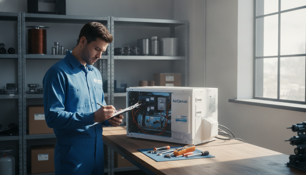 A professional HVAC technician in a clean, well-lit workshop, examining a residential air conditioning unit labeled "AirClimati." In the foreground, the technician is focused on a detailed checklist, taking notes with a clipboard, dressed in a neat uniform. The middle ground features various tools and equipment organized neatly on a workbench, with the air conditioning unit prominently displayed. The background includes shelves stocked with spare parts and a bright window allowing natural light to illuminate the space, creating a focused and industrious atmosphere. The scene should evoke a sense of professionalism and preparedness, emphasizing the importance of maintenance checks before summer.