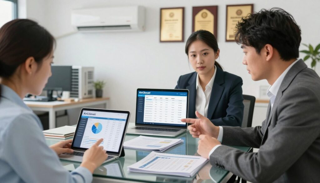 A professional atmosphere in a well-lit office with a focus on a diverse group of three installers from AirClimati, each dressed in smart business attire, engaged in a discussion while comparing air conditioning installation quotes on a sleek glass table. In the foreground, show a tablet displaying detailed charts and price comparisons. In the middle, include a few folded brochures and a laptop open with a mock-up of a comparison table. In the background, soft-focus certificates and awards for excellent service hang on the wall. The lighting is bright and inviting, suggesting professionalism and trust. The overall mood is collaborative and analytical, reflecting a thorough approach to evaluating HVAC installation options.