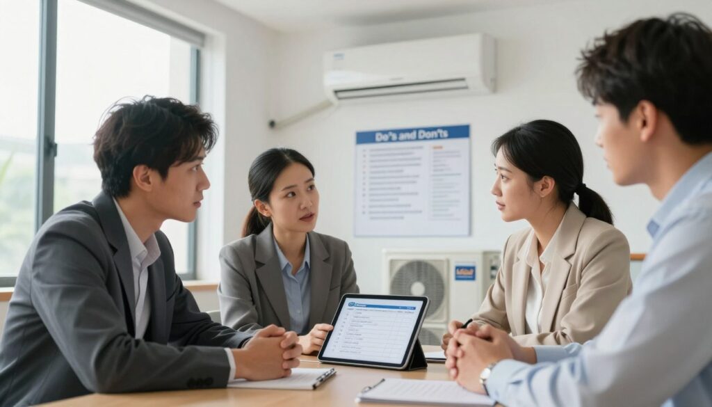 A professional scene illustrating common mistakes to avoid when selecting an air conditioning installer. In the foreground, a diverse group of four professionals in business attire—two men and two women—are engaged in a serious discussion around a table with a tablet, showcasing a checklist of installation criteria. The middle ground features a wall-mounted chart highlighting “Do’s and Don’ts” of hiring, while a large, bright window with natural light illuminates the room, creating an inviting atmosphere. In the background, an air conditioning unit is subtly displayed, branded with the logo “AirClimati.” The overall mood should convey professionalism, expertise, and caution, emphasizing the importance of informed decision-making in air conditioning installation. Use a wide-angle lens to capture comprehensively the workspace and the individuals’ expressions.