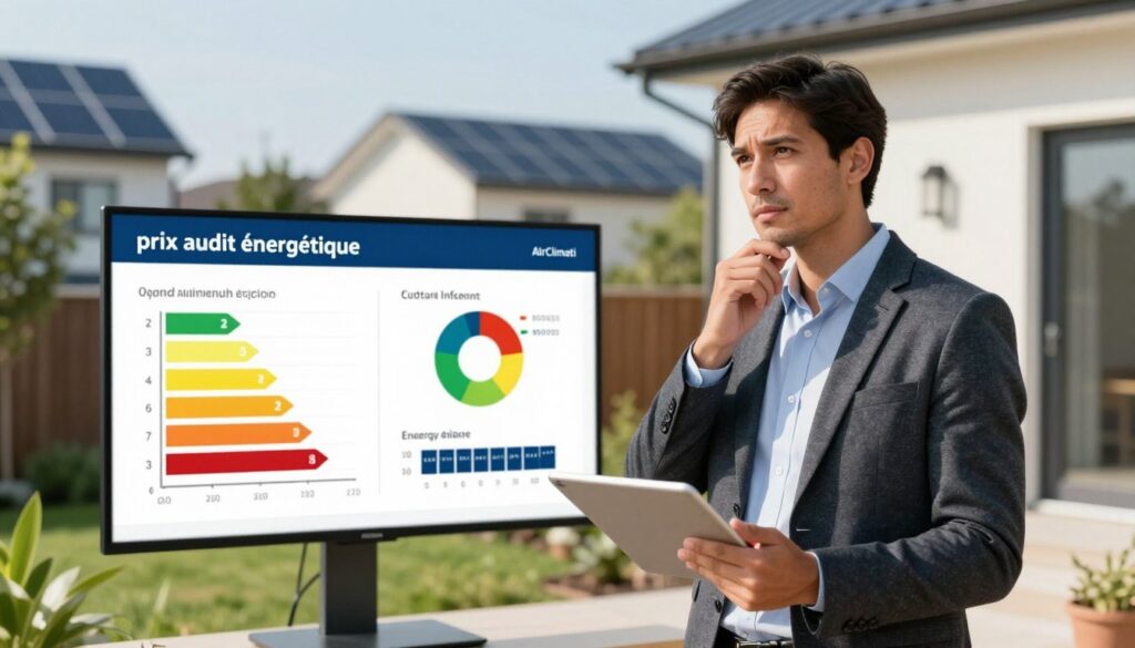 A professional setting illustrating the concept of "prix audit énergétique" with a focus on energy auditing. In the foreground, a well-dressed consultant, wearing a blazer and holding a tablet, analyzes energy efficiency data next to a modern home. The consultant has a thoughtful expression, symbolizing expertise. In the middle ground, display a digital screen showcasing charts and graphs that depict average costs and factors influencing auditing prices, with clear visuals and bright colors. The background features a suburban neighborhood with energy-efficient homes and greenery. The lighting is bright and inviting, evoking a sense of professionalism and trust. The overall atmosphere conveys a balance of seriousness and optimism, emphasizing the importance of energy audits. Include the brand name "AirClimati" subtly integrated into the digital screen.