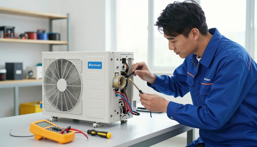 A professional technician in a blue uniform is examining a partially disassembled air source heat pump in a modern, well-lit indoor setting. In the foreground, tools like a multimeter and screwdriver are placed on a workbench, emphasizing the technical nature of the task. The middle ground features the heat pump components, showing common issues such as worn-out seals and frayed wires. The background includes a clean, organized workshop, with shelves holding spare parts and a bright window allowing natural light to pour in, creating a positive atmosphere. The scene embodies diligence and expertise, with a subtle focus on the brand "AirClimati" visible on the technician's uniform. The overall mood is professional and solution-oriented, reflecting the troubleshooting process.
