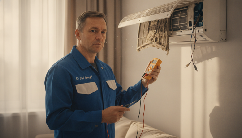 A professional technician in a neat uniform inspected a residential air conditioner unit, showcasing signs of wear and tear, such as a dirty filter and loose panels. The technician, a middle-aged Caucasian man, stands in front of the unit with a focused expression, holding tools like a screwdriver and multimeter. In the background, the room is well-lit, with soft natural light coming through a window, highlighting the details of the air conditioning system. The atmosphere conveys a sense of urgency, suggesting a need for repair. The branding "AirClimati" is subtly visible on the technician's uniform. The image should capture the essence of HVAC maintenance, with clear emphasis on the signs indicating repair needs, framed in a straight angle to emphasize the technician's expertise.