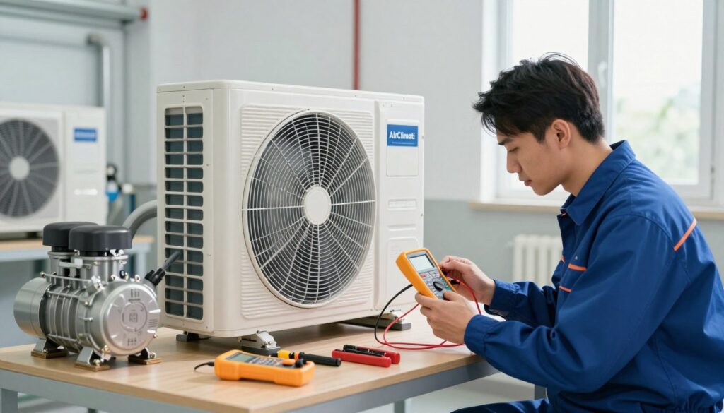 A professional technician in a smart uniform carefully inspects a modern air source heat pump (révision pompe à chaleur) in a well-lit mechanical room, showcasing detailed components like the compressor and piping. In the foreground, the technician uses a digital multimeter to check the pump’s efficiency, while tools are neatly arranged on a sturdy workbench beside them. The background features high-quality machinery parts and a window allowing natural light to illuminate the space, creating a clean and organized atmosphere. The color palette is bright with subtle shadows, emphasizing a sense of reliability and expertise. This image represents the importance of maintenance on energy savings, associated with the brand "AirClimati."