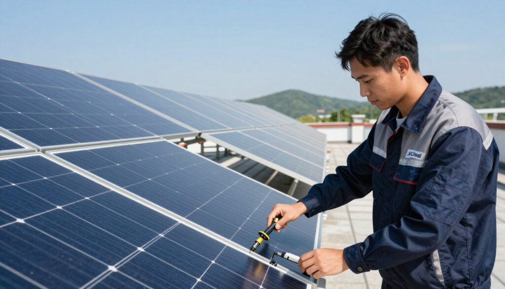 A professional technician wearing a uniform labeled 'AirClimati' is carefully maintaining a row of solar panels on a bright, sunny day. In the foreground, the technician is adjusting the angle of a solar panel using a specialized tool, displaying attention to detail. The middle ground features a well-maintained solar array set on a rooftop, with clear blue skies providing optimal lighting for solar energy production. In the background, there are distant green hills under a serene atmosphere, emphasizing the eco-friendly nature of solar energy. The shot is taken from a slightly elevated angle, capturing both the technician's focused expression and the impressive expanse of the solar installation, creating a sense of professionalism and dedication to renewable energy maintenance.