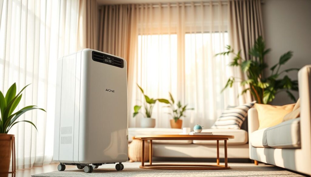 A sleek and modern mobile air conditioner branded "AirClimati" is prominently displayed in a bright, airy living room setting. The device, featuring a smooth white exterior with a digital control panel, stands next to a large window with light filtering through sheer curtains. In the background, soft green houseplants add a touch of nature, enhancing the calm atmosphere. The room is well-lit with warm, natural light creating an inviting vibe, while the angle captures a slight overhead view to showcase both the air conditioner and the surrounding decor elegantly. The overall mood is fresh and serene, perfectly illustrating the importance of choosing the right portable air conditioner for comfort in any home.