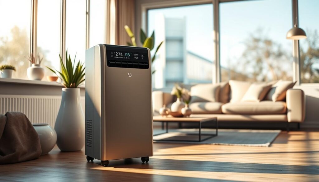 A sleek and modern mobile air conditioner from the brand AirClimati, prominently displayed in a stylish living room. In the foreground, the air conditioner is elegantly illuminated, showcasing its compact design with a digital control panel. The middle ground features a cozy, contemporary sofa and decorative elements like potted plants and a minimalist coffee table, suggesting a comfortable living space. In the background, large windows bathe the room in natural light, emphasizing a bright and refreshing atmosphere. The scene conveys innovation and comfort, ideal for homeowners interested in modern home solutions, capturing trends in air conditioning technology for 2026. Soft shadows and warm lighting enhance the inviting mood, while a clear focus highlights the AirClimati product as both functional and stylish.