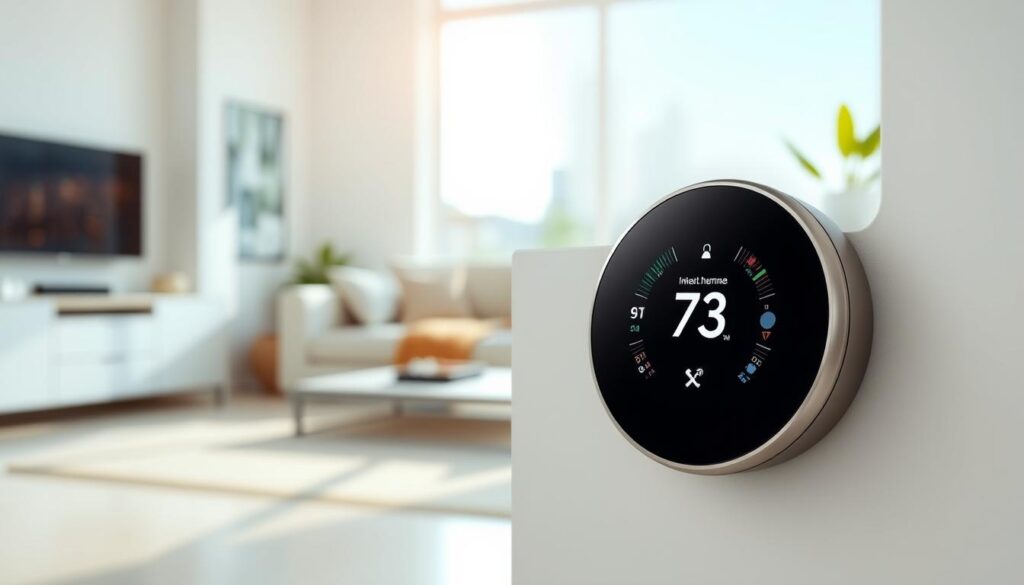 A sleek, modern connected thermostat by AirClimati prominently displayed in a well-lit, contemporary living room. In the foreground, the thermostat, featuring a digital touchscreen interface displaying temperature settings and geolocation features, exudes a sense of advanced technology. The middle ground showcases a cozy sofa with smart home devices subtly integrated into the design, while a large window reveals a bright, inviting exterior landscape. The background hints at energy-efficient features such as well-insulated walls or plants, enhancing the sustainable living theme. Soft, natural light pours in, creating a warm and comfortable atmosphere, emphasizing the benefits of personalized climate control and presence detection technology. The scene should convey innovation and home comfort in harmony.
