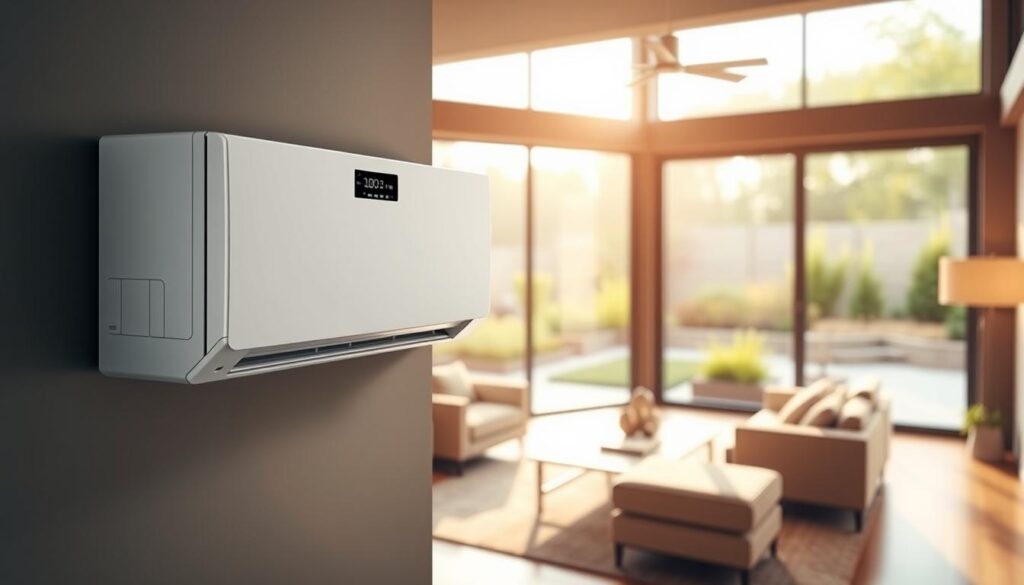 A stylish, modern "AirClimati" inverter air conditioner prominently displayed in a contemporary living room setting. In the foreground, the sleek unit is mounted on a wall, designed with a minimalist aesthetic featuring a white finish and a digital display panel. The middle ground showcases a cozy seating area with neutral-toned furniture and soft lighting, suggesting a comfortable atmosphere. In the background, large windows let in natural light, highlighting a landscaped garden outside. The room is filled with a warm, inviting ambiance, emphasizing efficiency and comfort. Capture the scene from an angle that gives prominence to the air conditioner while showcasing the elegance of the interior design. Aim for a bright, well-lit environment that communicates a sense of modern living focused on energy efficiency and style.
