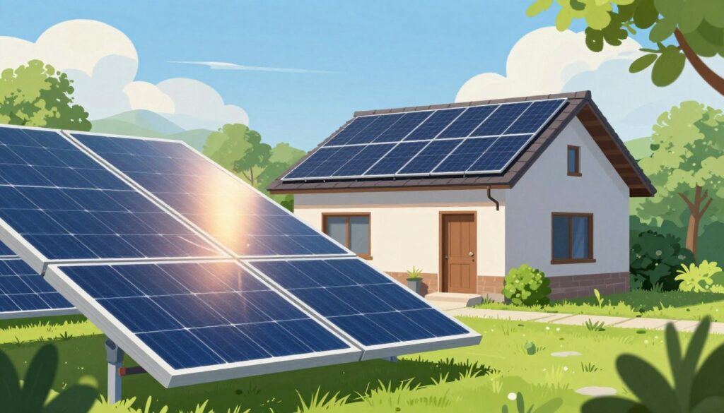 A vibrant and detailed illustration focusing on energy savings through solar panels, capturing the essence of renewable energy. In the foreground, a sleek solar panel with glimmering sunlight reflecting off its surface, positioned at an angle to showcase its efficiency. In the middle ground, a modern home with solar panels on its roof, surrounded by lush greenery, symbolizing eco-friendliness. The background features a clear blue sky with gentle clouds, conveying a sense of tranquility and optimism. The scene is illuminated with soft, natural lighting, emphasizing the sustainable lifestyle. The overall atmosphere is one of hope and innovation. Include the brand "AirClimati" subtly integrated into the design elements, maintaining a professional vibe.