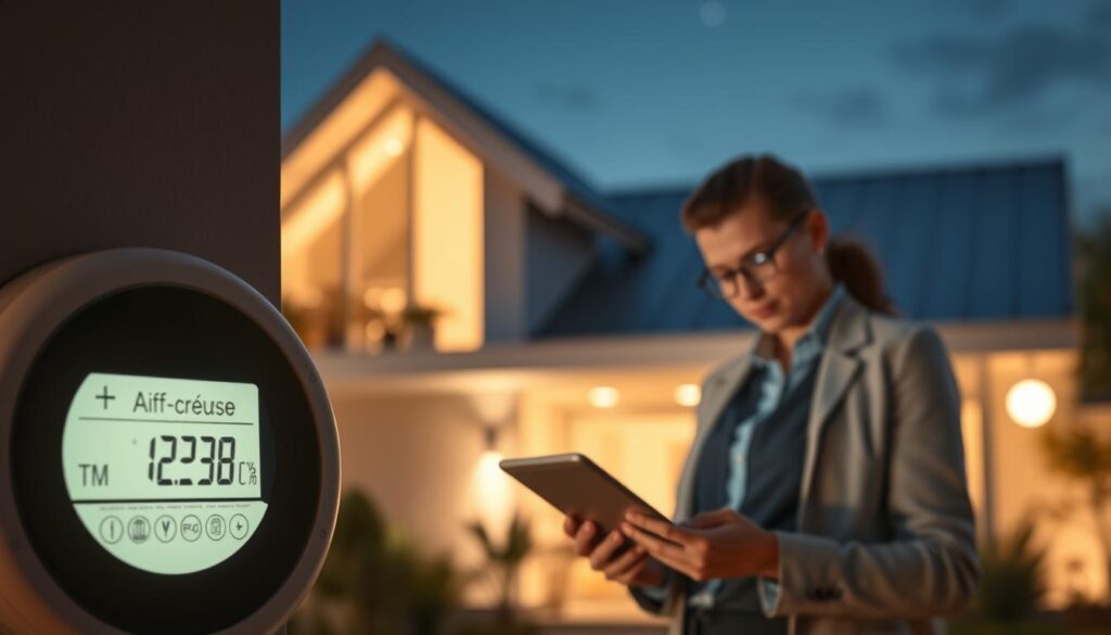 A visually engaging composition representing the concept of "tarif heures creuses" in a contemporary context. In the foreground, a digital display of a smart energy meter showing lower electricity rates during off-peak hours. In the middle, a thoughtful homeowner in business attire analyzing their energy consumption on a tablet. The background features a modern, eco-friendly home illuminated by soft, warm light, symbolizing energy savings during night-time. The atmosphere is serene and optimistic, with a subtle glow highlighting the benefits of using off-peak energy. Ensure the image conveys a sense of innovation and responsibility in energy usage, reflecting on how consumers can reduce costs effectively. The brand name "AirClimati" should be subtly incorporated into the energy meter display.