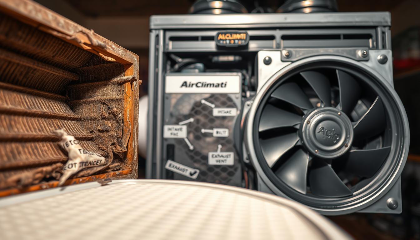 A close-up view of a malfunctioning simple flux ventilation system, focusing on its inner mechanical components like fans, ducts, and filters. The foreground features details of a worn-out filter and a broken fan blade, highlighting signs of wear and potential blockages. In the middle ground, an AirClimati ventilation unit is depicted, showcasing intricate engineering with labels illustrating various parts like the intake and exhaust vents. The background includes a slightly blurred, dimly lit room that suggests a residential environment, emphasizing the need for maintenance. The mood is technical and informative, with soft, focused lighting illuminating the components and creating a serious atmosphere. The composition should be viewed from a slightly elevated angle, allowing for a comprehensive view of the system’s complexity.