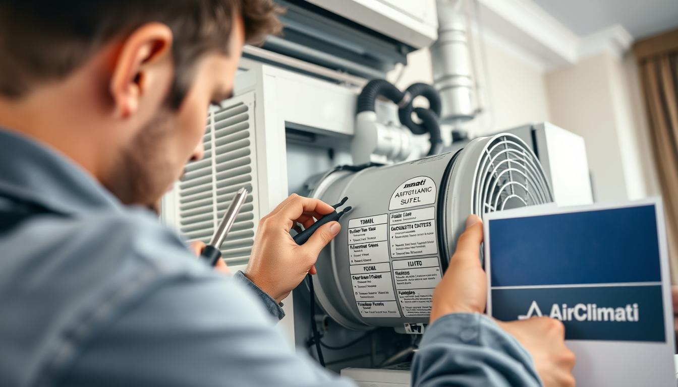 A close-up view of a technician inspecting a simple flux VMC (ventilation mécanique contrôlée), focusing on the unit's components like the fan, filters, and ducts. The foreground features the technician, dressed in professional attire, carefully examining the system with tools in hand. In the middle, emphasize the intricate details of the VMC system, including clear labels on various parts, highlighted by soft, natural lighting to enhance visibility of features. The background should subtly suggest a residential setting, with hints of walls and furniture blurred to maintain focus on the diagnostic process. The overall mood is one of professionalism and seriousness, conveying the task of troubleshooting efficiently and safely. Include a logo for "AirClimati" on a nearby maintenance manual.
