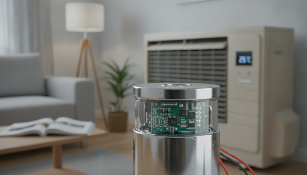 A close-up view of a temperature sensor, specifically designed for a reversible air conditioning unit, prominently displaying its intricate components such as thermistors and circuit boards. In the foreground, the focus is on the sensor's metallic casing with a shiny finish, reflecting light. The middle ground features a soft-focus image of the air conditioning unit, slightly out of focus to emphasize the sensor. The background is a modern living room setting with subtle ambient lighting that conveys a calm atmosphere, showcasing a well-maintained environment conducive to temperature regulation. The scene suggests a professional context, hinting at diagnostics and troubleshooting in progress, while avoiding branding or explicit human subjects. The overall mood is technical and informative, perfect for illustrating the topic of diagnosing temperature sensor failures in reverse AC systems.