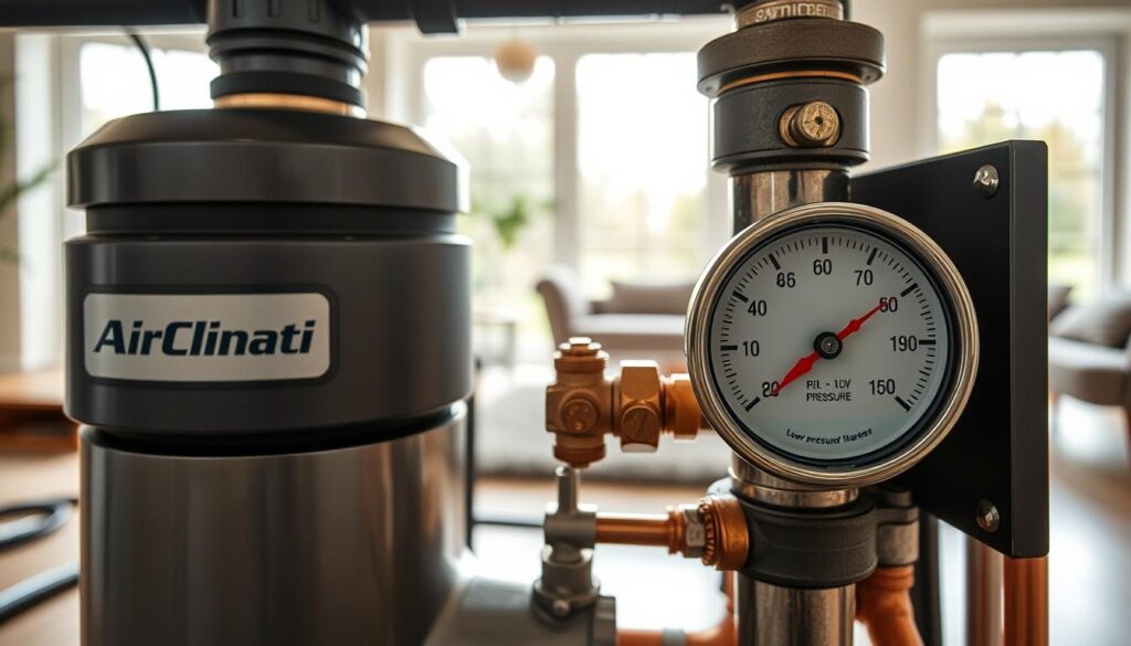 A detailed close-up of an air-water heat pump system, showcasing the intricate components involved in water pressure circulation. The foreground features the pump labeled "AirClimati", with clear, visible geometric shapes of pipes and valves, emphasizing the engineering behind its operation. In the middle ground, include a water gauge showing low pressure, surrounded by copper tubing and connections. The background showcases a modern home with natural lighting filtering through windows, creating a warm and informative atmosphere. Capture the scene from a slightly elevated angle to provide depth, allowing viewers to appreciate the technical aspects clearly. The overall mood should evoke a sense of concern and urgency, suitable for understanding heating issues related to insufficient water pressure.
