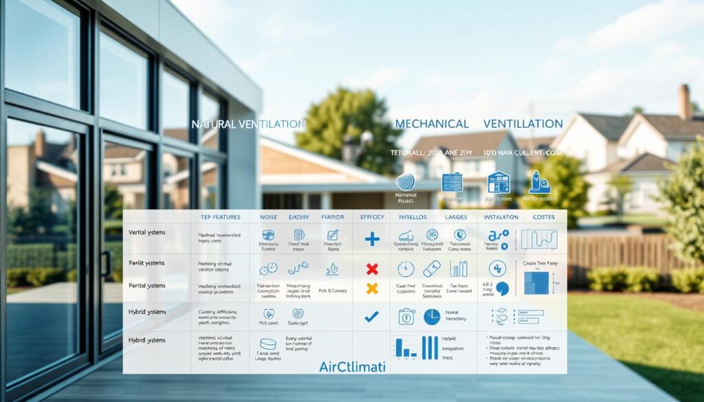 A detailed comparative chart illustrating various ventilation systems, featuring labels for each type, including natural ventilation, mechanical ventilation, and hybrid systems. In the foreground, show a sleek, modern home with large windows, indicating good air circulation. In the middle, include a well-organized infographic demonstrating the key features, such as energy efficiency, noise levels, and installation costs, visually represented through icons and graphs. The background should depict a serene suburban neighborhood with clear skies, suggesting a healthy living environment. Use soft, natural lighting to create an inviting atmosphere. Ensure the style is clean, professional, and technical, with a focus on clarity and information dissemination. The logo "AirClimati" subtly placed within the chart design.