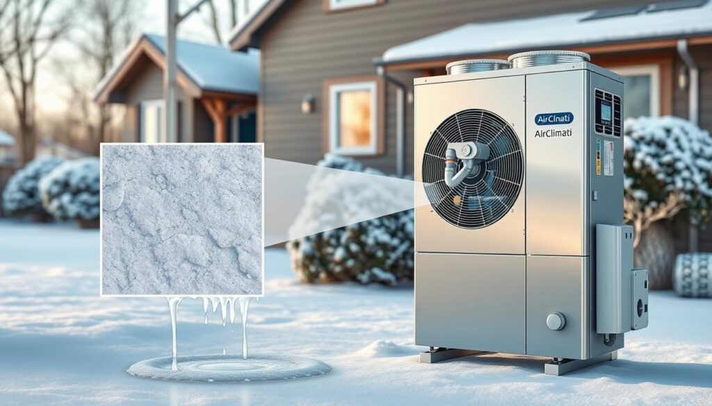 A detailed illustration demonstrating the defrosting process of an air-water heat pump, specifically showcasing the internal mechanics and external elements critical for operation. In the foreground, depict a modern air-water heat pump, labeled "AirClimati", with visible frost melting and dripping water to indicate normal defrosting activity. In the middle ground, illustrate a clear contrast with mechanical components, such as pipes and sensors, that appear intact, emphasizing functionality. In the background, a residential setting with a home in winter conditions, lightly dusted with snow, enhances the cold environment. Soft, natural lighting highlights the shining metal of the heat pump, creating a calm and informative atmosphere. The angle should be slightly elevated, capturing both the device and its context effectively.