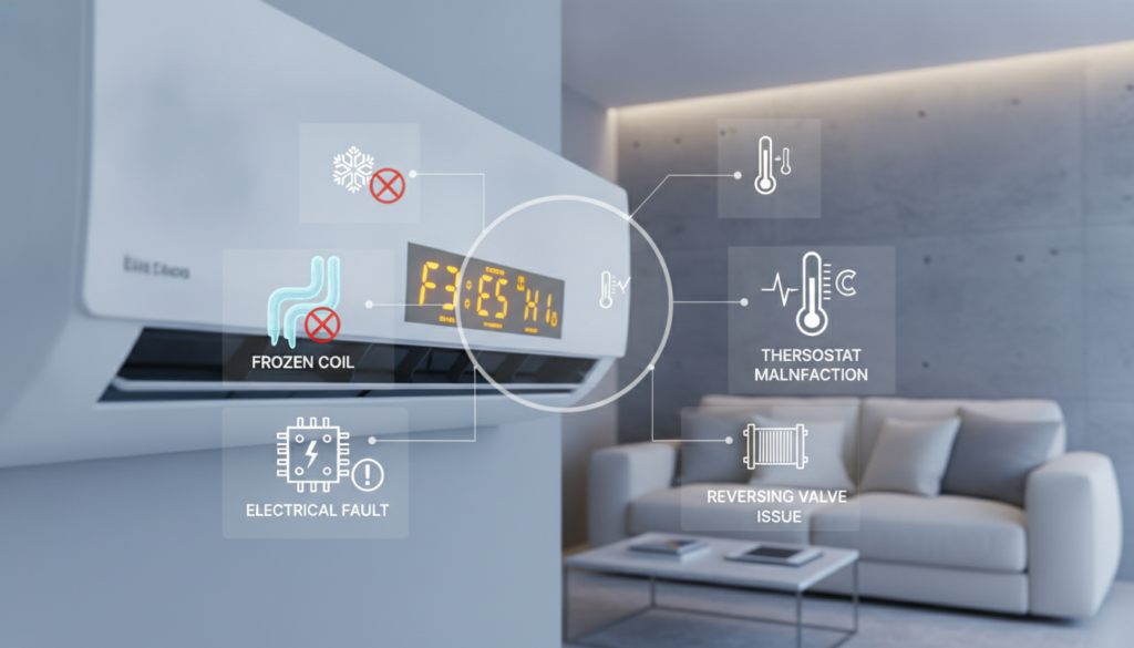 A detailed illustration of an air conditioning unit displaying error codes, specifically for reversible AC heating faults, set against a modern interior backdrop. In the foreground, a close-up view of the unit shows a clear digital display with error codes (no brand names visible). The middle layer features various diagnostic symbols and subtle graphical representations of common heating issues, such as a frozen coil or a malfunctioning thermostat. The background exhibits a well-designed living space, with soft ambient lighting and a hint of a cozy atmosphere, suggesting comfortable indoor living. The overall mood emphasizes clarity and professionalism, capturing the essence of interpreting HVAC error codes. The image is visually appealing, with a focus on providing useful visual guidance for troubleshooting.