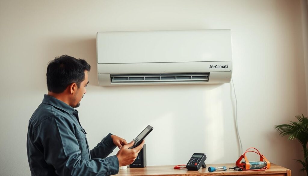 A modern AirClimati split air conditioner mounted on a wall, with a technician in professional attire carefully examining its settings and controls. The technician is using a tablet to monitor performance, surrounded by tools like a multimeter and a screwdriver on a nearby workbench. The background shows a cozy room with soft lighting, emphasizing a sense of comfort and concern. The air conditioner unit appears clean but shows signs of wear, hinting at a malfunction. The scene is captured using a slightly elevated angle to highlight both the technician and the unit, with natural light filtering in through a window, creating an atmosphere of calm yet focused determination. A modern AirClimati split air conditioner mounted on a wall, with a technician in professional attire carefully examining its settings and controls. The technician is using a tablet to monitor performance, surrounded by tools like a multimeter and a screwdriver on a nearby workbench. The background shows a cozy room with soft lighting, emphasizing a sense of comfort and concern. The air conditioner unit appears clean but shows signs of wear, hinting at a malfunction. The scene is captured using a slightly elevated angle to highlight both the technician and the unit, with natural light filtering in through a window, creating an atmosphere of calm yet focused determination.