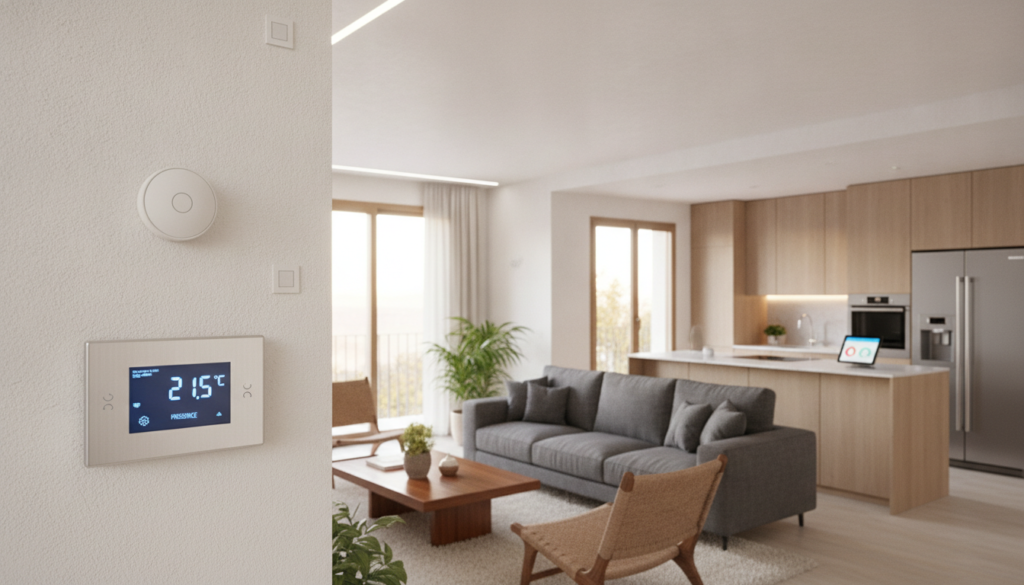 A modern French smart home interior featuring smart temperature and presence sensors integrated seamlessly into the design. In the foreground, a sleek digital thermostat displays real-time data, surrounded by well-placed motion sensors on the walls. The middle ground showcases a cozy living area with energy-efficient furniture and large windows allowing soft, natural light to flood the space, creating a warm ambiance. In the background, a stylish kitchen equipped with eco-friendly appliances enhances the modernity of the home. The atmosphere feels inviting yet sophisticated, highlighting the innovative technology that promotes energy savings. The image is captured from a slightly elevated angle, emphasizing the flow of the smart home environment.