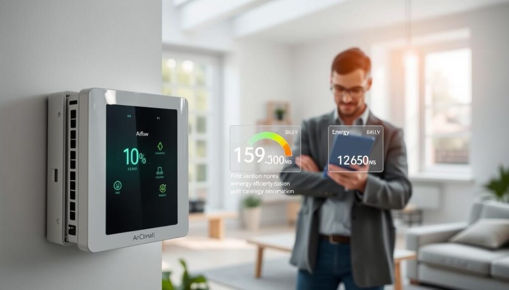 A modern energy-efficient ventilation system, known as "VMC Basse Consommation," prominently displayed in a clean, well-lit indoor environment. In the foreground, the sleek, minimalist design of the VMC unit reveals advanced technology, showcasing its eco-friendly features such as energy-saving indicators. In the middle ground, an expert technician in professional attire inspects the system, focusing on its efficiency metrics, surrounded by detailed graphical representations of airflow and energy consumption. The background features a contemporary living space with windows allowing natural light to flood in, emphasizing a sense of freshness and comfort. Soft, ambient lighting enhances the modern aesthetic, fostering a calm and efficient atmosphere. The image captures the essence of sustainable living, incorporating the brand name "AirClimati" discreetly on the VMC unit.