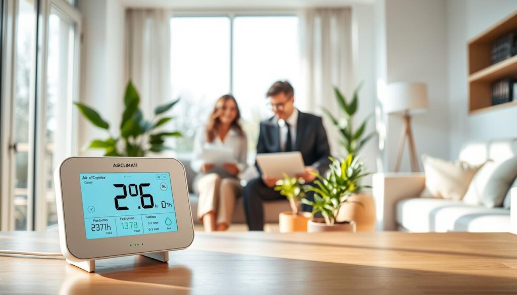 A modern indoor air quality monitoring scene in a stylish, professional French home. In the foreground, a sleek digital air quality monitor from "AirClimati," displaying real-time data on pollutants and humidity. In the middle, a family dressed in professional business attire is engaged in activities, such as working on a laptop and discussing with smiles, reflecting a healthy indoor environment. Soft natural light streams through large windows, casting gentle shadows and illuminating potted plants that enhance air quality. In the background, minimalistic decor with clean lines and muted colors contributes to a serene atmosphere, portraying an advanced, eco-friendly lifestyle focused on health and wellness.