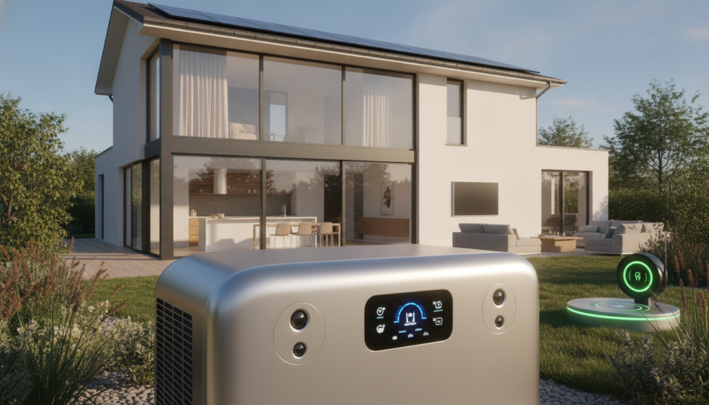 A modern, intelligent heat pump prominently displayed in the foreground of a sleek, energy-efficient French home. The heat pump features a streamlined, futuristic design, with digital controls and integrated sensors visible. In the middle ground, the home showcases large windows with natural light streaming in, highlighting the spacious and contemporary interior. The background features a serene garden with solar panels and a smart home energy management system visible. The lighting is bright and inviting, suggesting a sunny day. Use a wide-angle lens to capture the entirety of the scene, conveying a feeling of innovation, sustainability, and comfort in a modern smart home environment. The overall atmosphere should be clean, professional, and technologically advanced.