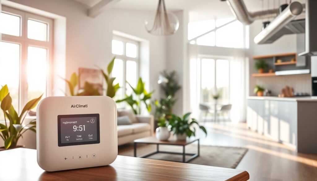 A modern, inviting interior of a professional French home focused on indoor air quality. In the foreground, a sleek, advanced smart home device labeled "AirClimati" used for monitoring humidity levels. The device features a digital display showing optimal humidity levels. In the middle, a stylish living room with lush indoor plants and a hygrometer on a coffee table, symbolizing a healthy atmosphere. Soft sunlight streams through large windows, casting a warm glow across the room, enhancing the feeling of freshness. In the background, a clean kitchen with visible air flow fixtures and an open layout. The overall mood is serene and uplifting, illustrating a balance between technology and nature for better indoor air quality.